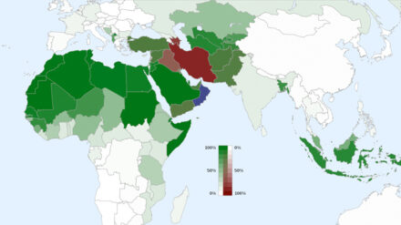 Wie sind Sunniten und Schiiten verbreitet? Grün - Sunniten, rot - Schiiten, blau - Ibaditen