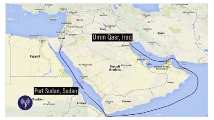 Der Weg der "Klos-C" führte von Bandar Abbas im Persischen Golf nach Umm Kasr im Süden des Irak und durch den Indischen Ozean in Richtung Port Sudan im Roten Meer.