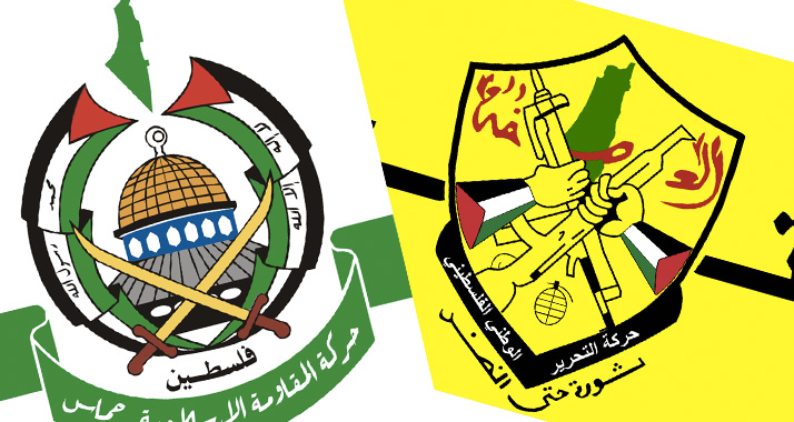 Wappen der Hamas (links) und der Fatah (rechts). Die beiden Gruppen haben ihre Zusammenarbeit wieder aufgenommen.