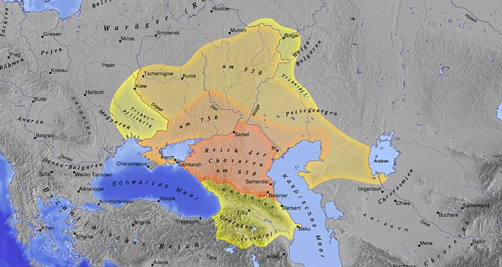 Das Reich der Chasaren erreichte im Frühmittelalter eine erhebliche Ausdehnung, bis ihr Einfluss im 10. Jahrhundert von der Kiewer Rus zurückgedrängt wurde.
