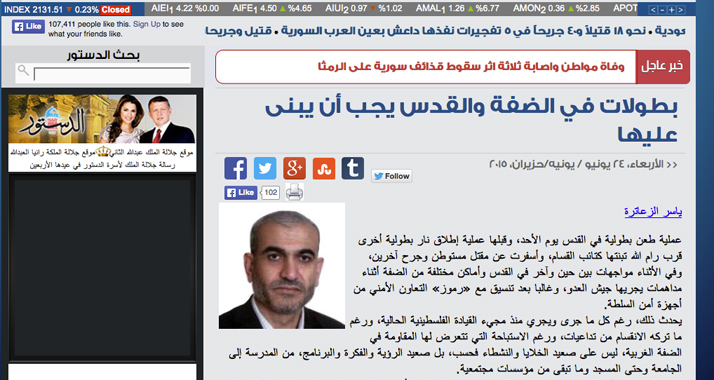In der jordanischen Tageszeitung „Ad-Dustur“ hat ein Autor die jüngsten palästinensischen Anschläge gelobt.